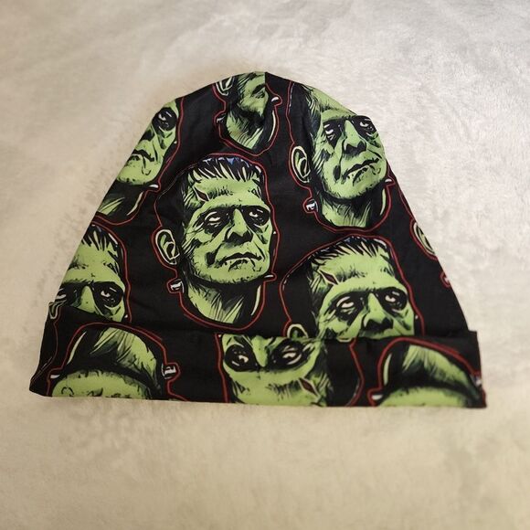 Black Knit Slouch Beanie with Green Frankenstein On It - Picture 4 of 5